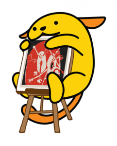 Canvaspuu is Wapuu holding a bright abstract painting on an easel