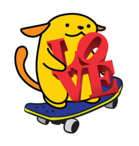 LOVEpuu is Wapuu riding a skateboard while holding the famous LOVE sculpture