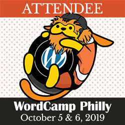 a Wapuu attired as Gritty and holding the WordPress logo, with the words Attendee, WordCamp Philly, October 5 & 6