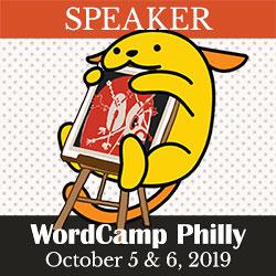 a Wapuu holding a painting, with the words Speaker, WordCamp Philly, October 5 & 6