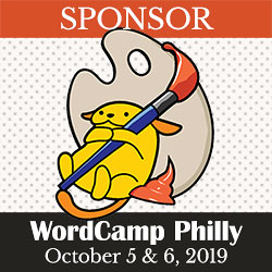 a Wapuu holding a painbrush, with the words Sponsor, WordCamp Philly, October 5 & 6