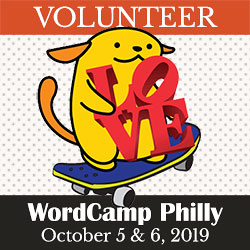 a Wapuu holding a copy of the LOVE statue, with the words Volunteer, WordCamp Philly, October 5 & 6