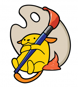 PAFApuu is Wapuu holding a paintbrush and leaning on an artist's palette