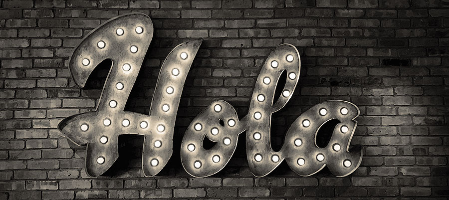 a brick wall with the word Hola as lighted letters
