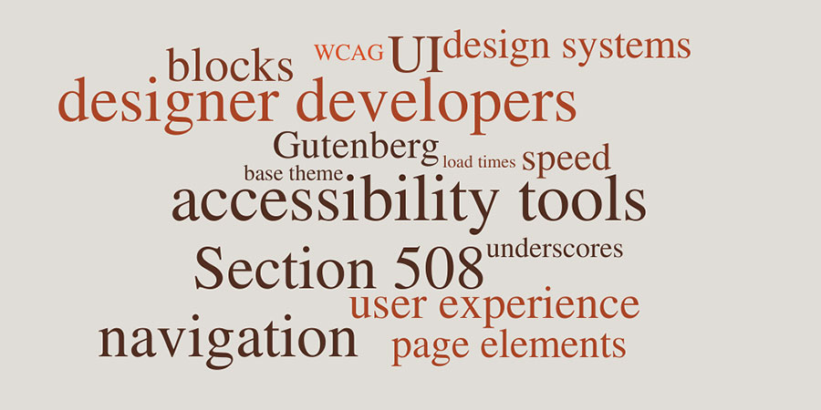 a wordcloud of topics for the Arch Street track, including speed, navigation, UI, user experience, Gutenberg, blocks, underscores, Section 508, load times, page elements and design systems