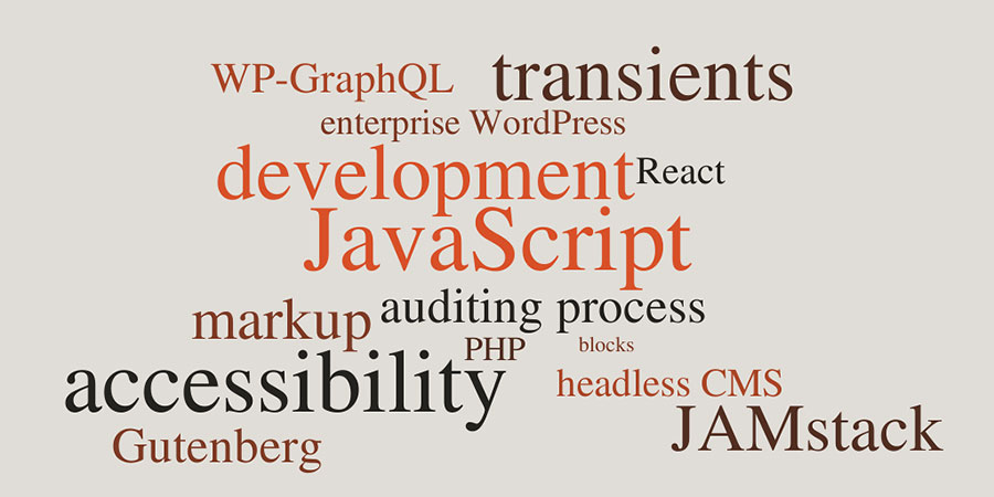 a wordcloud of topics for the Race Street track, including JavaScript, PHP, development, transients, website security, React, accessibility and headless CMS